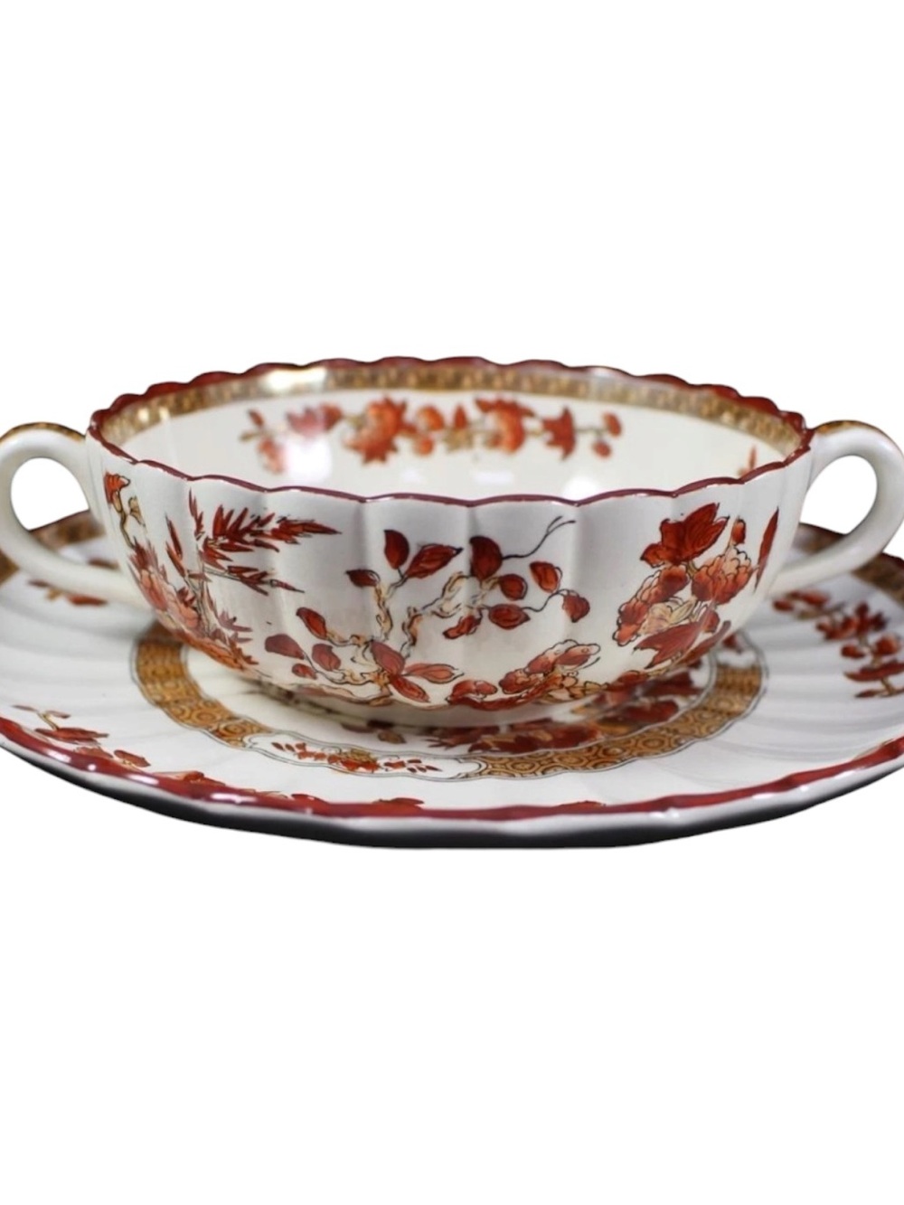 Spode Indian Tree Flat Soup Bowl with Saucer Orange Rust Scalloped Design. - Picture 3 of 3